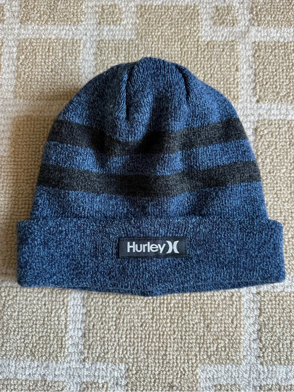 Hurley Kids Striped Cuffed Knit Beanie Hat Blue Black One Size